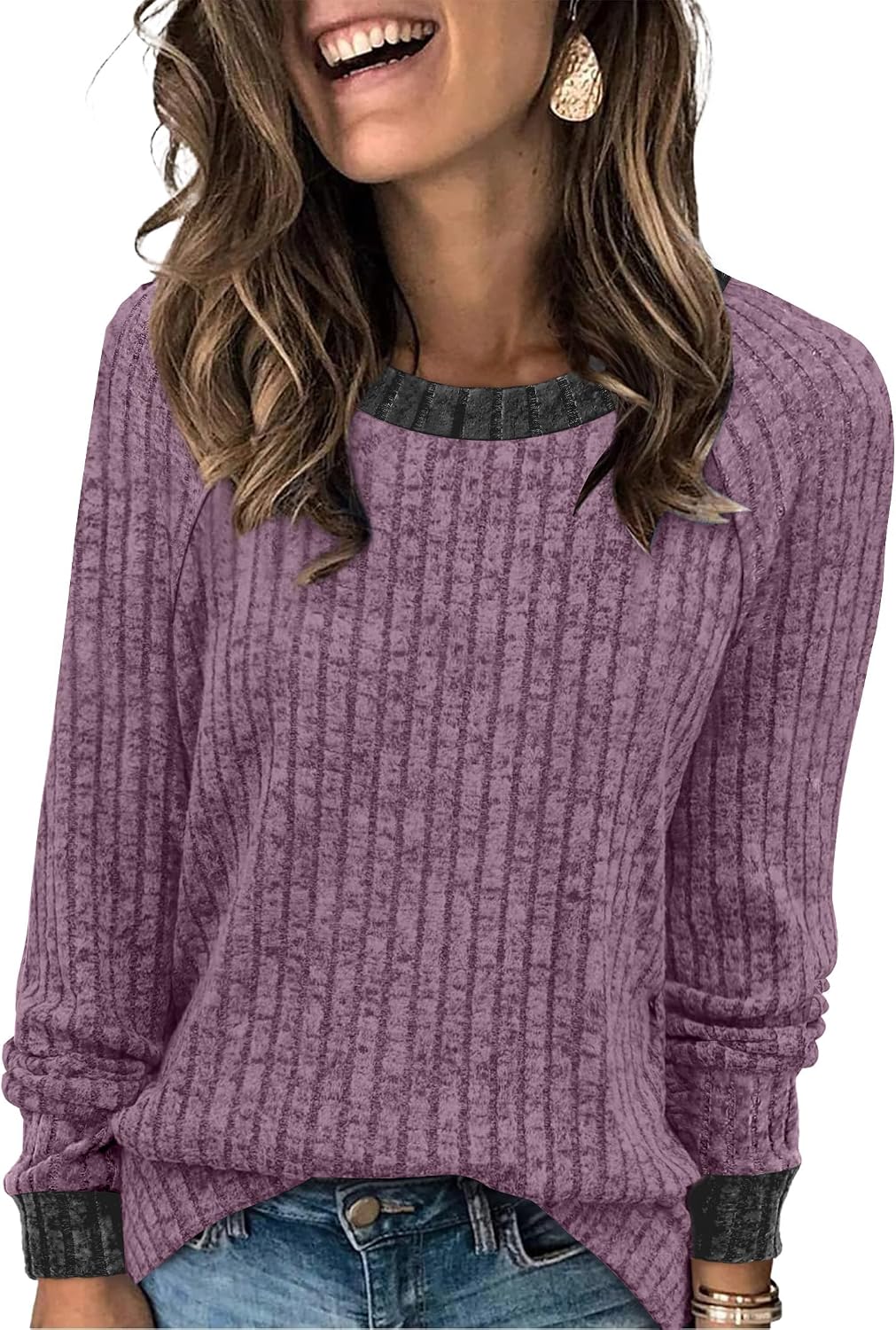 WIHOLL Long Sleeve Shirts for Women Lightweight Sweaters Fall Outfits 2026 Color Block Winter Clothing Dressy Casual Soft