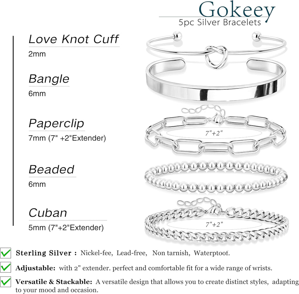 Gokeey Gold Bracelets Set for Women Non Tarnish, Waterproof 14K Gold Plated Sterling Silver Chunky Cuff Bracelet Stackable Gold Bangles Bracelet for Women Trendy Fashion Accessories Tie Knot Cuban Rope Paperclip Beaded Bracelet Stack Jewelry Mothers Day G