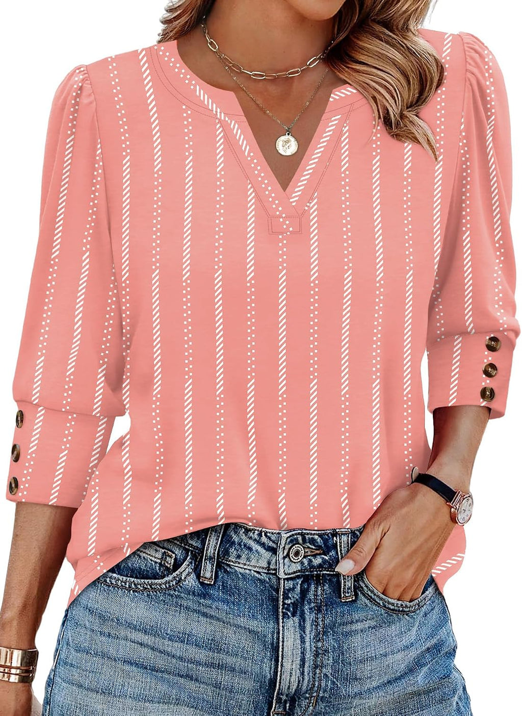 WIHOLL 3/4 Length Sleeve Womens Tops with Button Cuffs Dressy Casual V Neck Summer Outfits Early Fall Fashion Spring Clothes