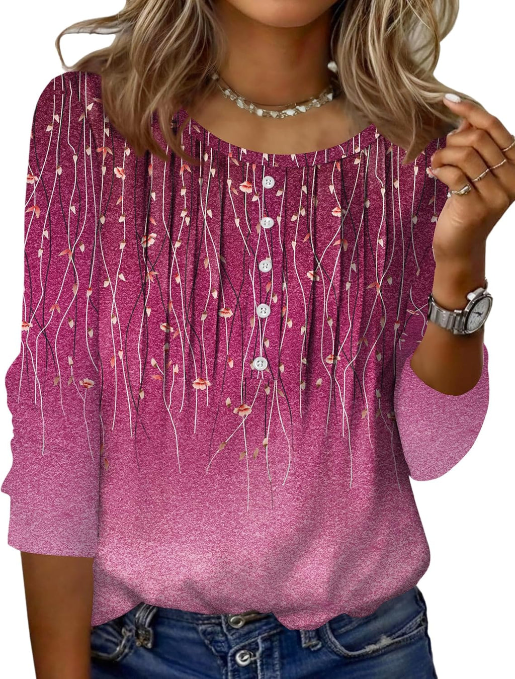 Zeagoo 3/4 Length Sleeve Womens Tops Round Neck Casual Summer Tunic Tops Basic Tees Blouses Dressy T-Shirts Pleated Shirts