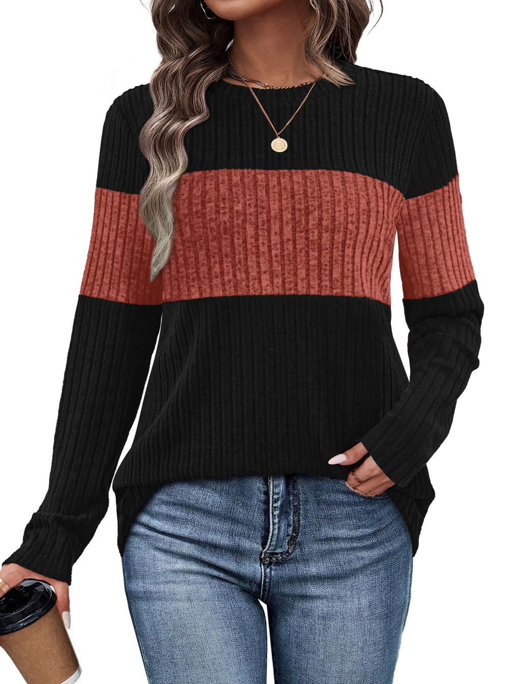 WIHOLL Womens Sweaters Trendy Color Block Tops Long Sleeve Shirts Fall Outfits Early Fall Fashion 2026 Winter Clothing