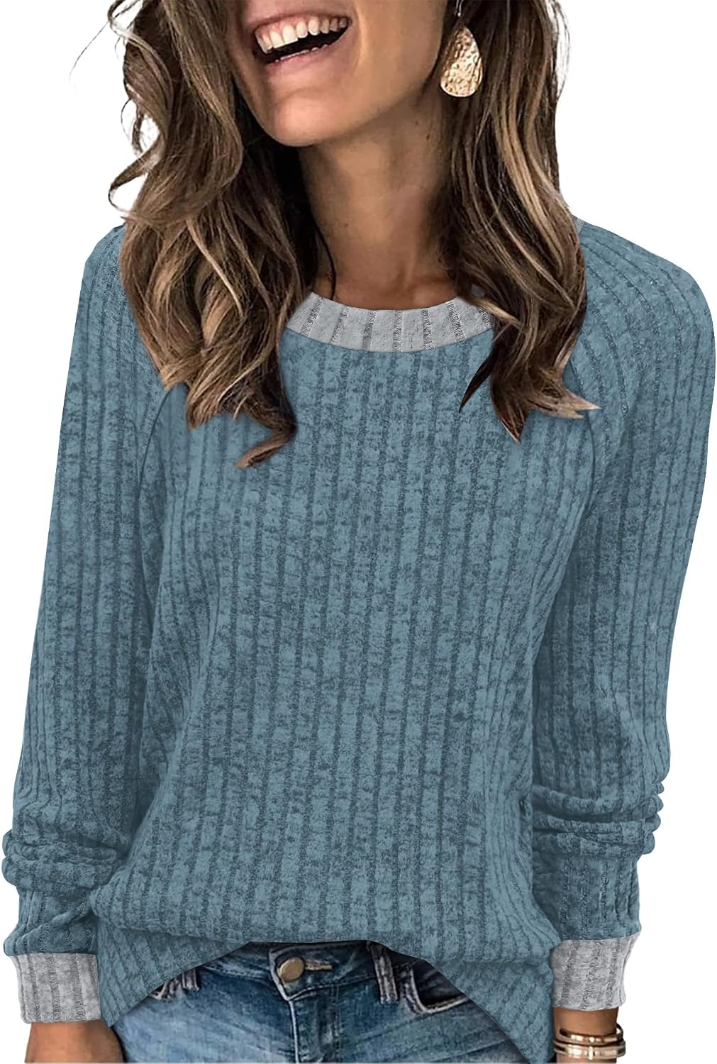 WIHOLL Long Sleeve Shirts for Women Lightweight Sweaters Fall Outfits 2026 Color Block Winter Clothing Dressy Casual Soft