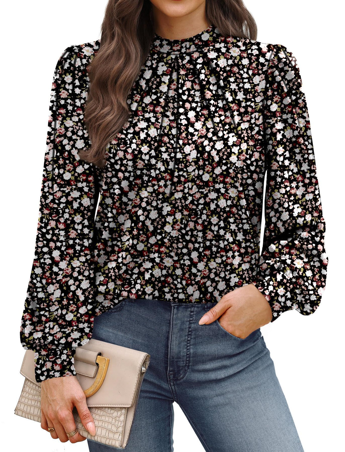 WIHOLL Long Sleeve Shirts for Women Mock Neck Tops Pleated Front Blouses Dressy Casual Spring Fall Clothes 2026 Fashion