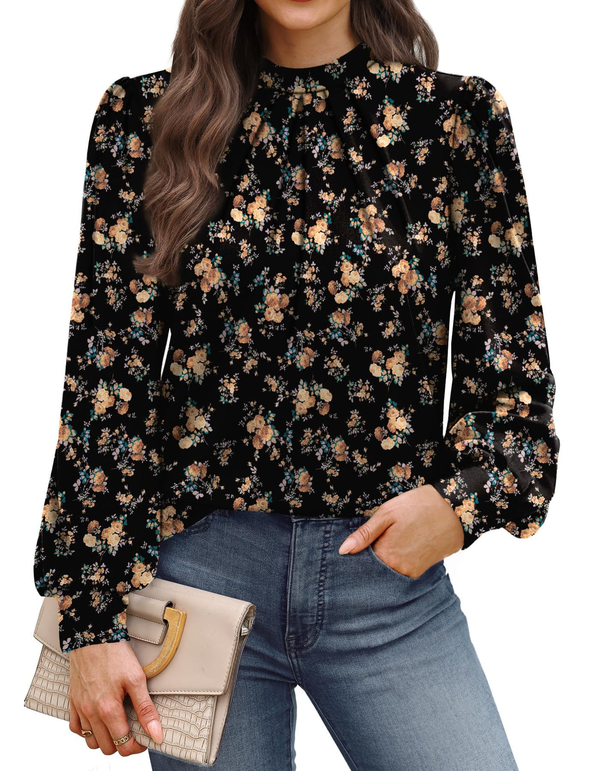 WIHOLL Long Sleeve Shirts for Women Mock Neck Tops Pleated Front Blouses Dressy Casual Spring Fall Clothes 2026 Fashion