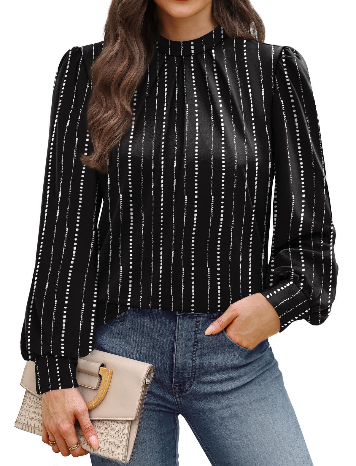 WIHOLL Long Sleeve Shirts for Women Mock Neck Tops Pleated Front Blouses Dressy Casual Spring Fall Clothes 2026 Fashion