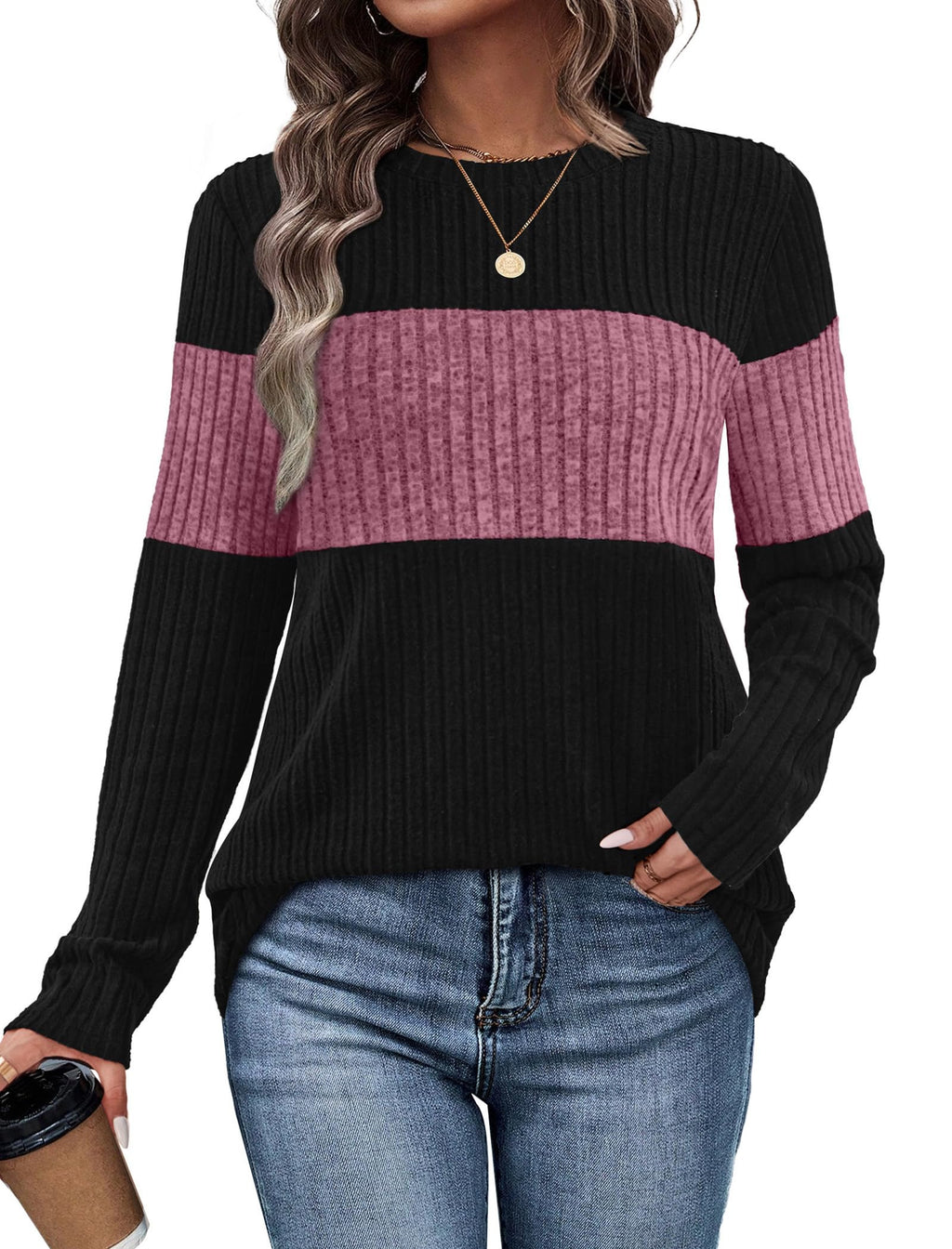 WIHOLL Womens Sweaters Trendy Color Block Tops Long Sleeve Shirts Fall Outfits Early Fall Fashion 2026 Winter Clothing