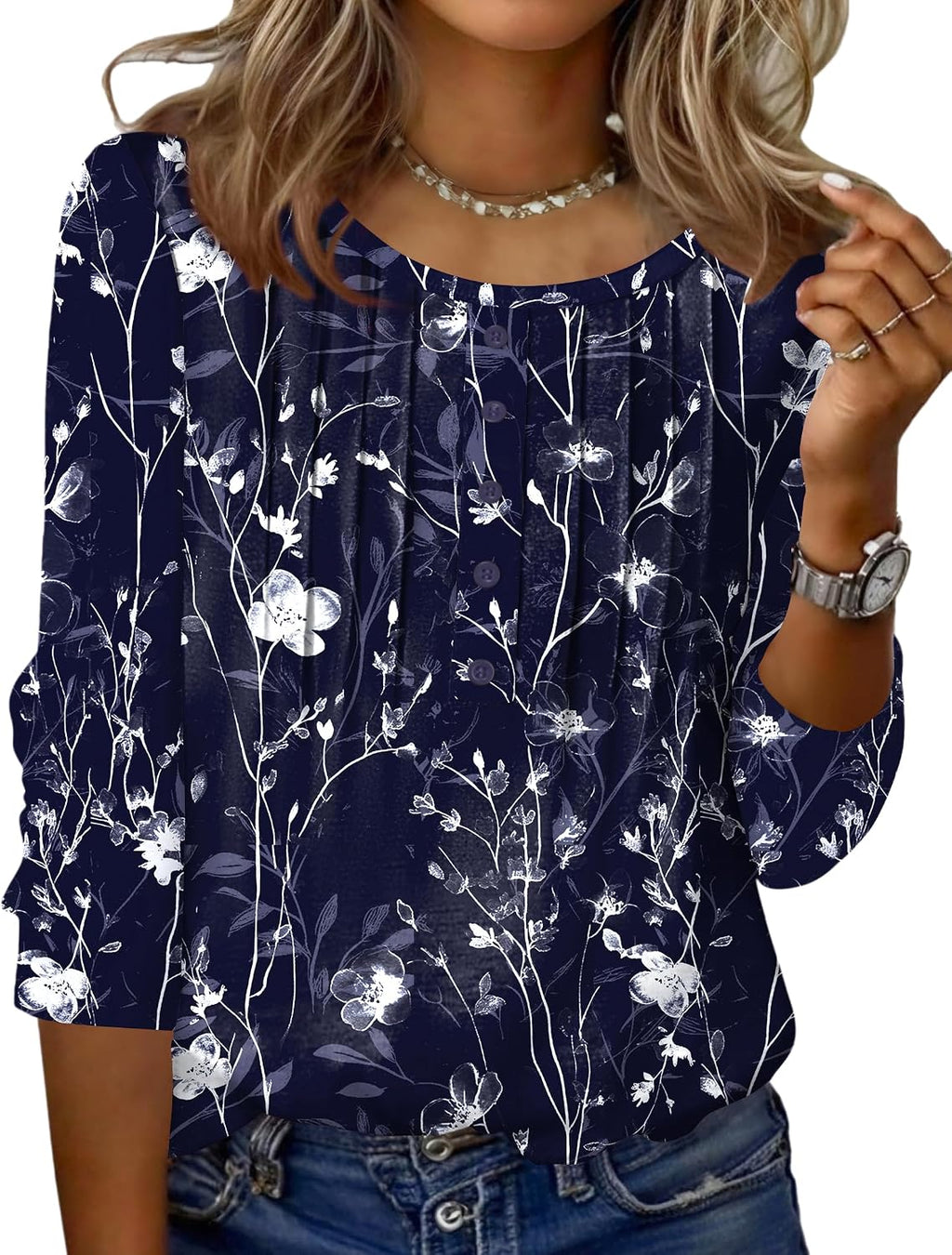 Zeagoo 3/4 Length Sleeve Womens Tops Round Neck Casual Summer Tunic Tops Basic Tees Blouses Dressy T-Shirts Pleated Shirts