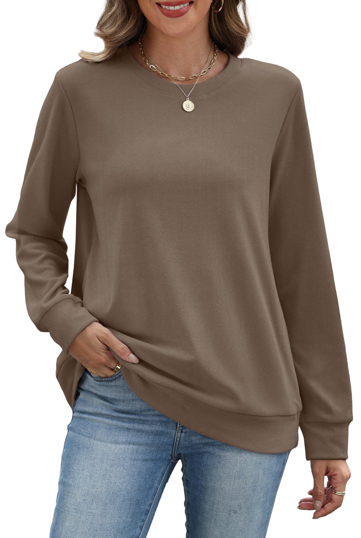RUMIA Crewneck Fall Sweatshirt for Women Plain Long Sleeve Top with Pocket