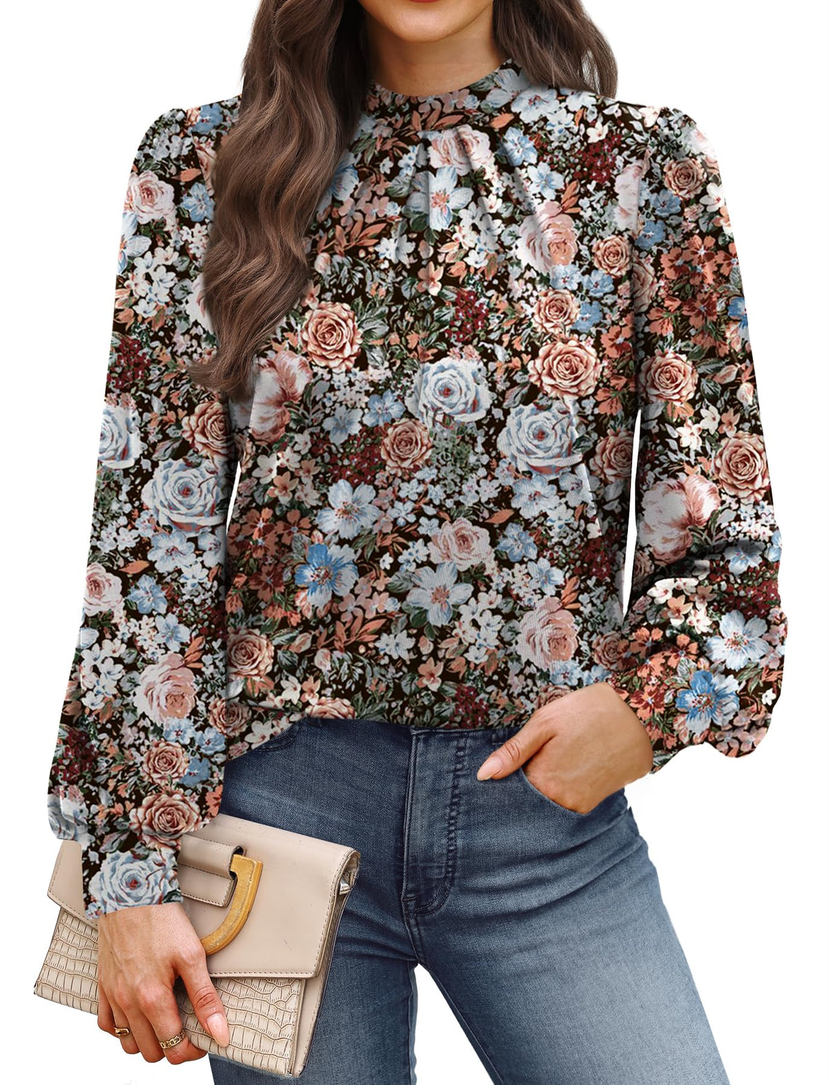 WIHOLL Long Sleeve Shirts for Women Mock Neck Tops Pleated Front Blouses Dressy Casual Spring Fall Clothes 2026 Fashion