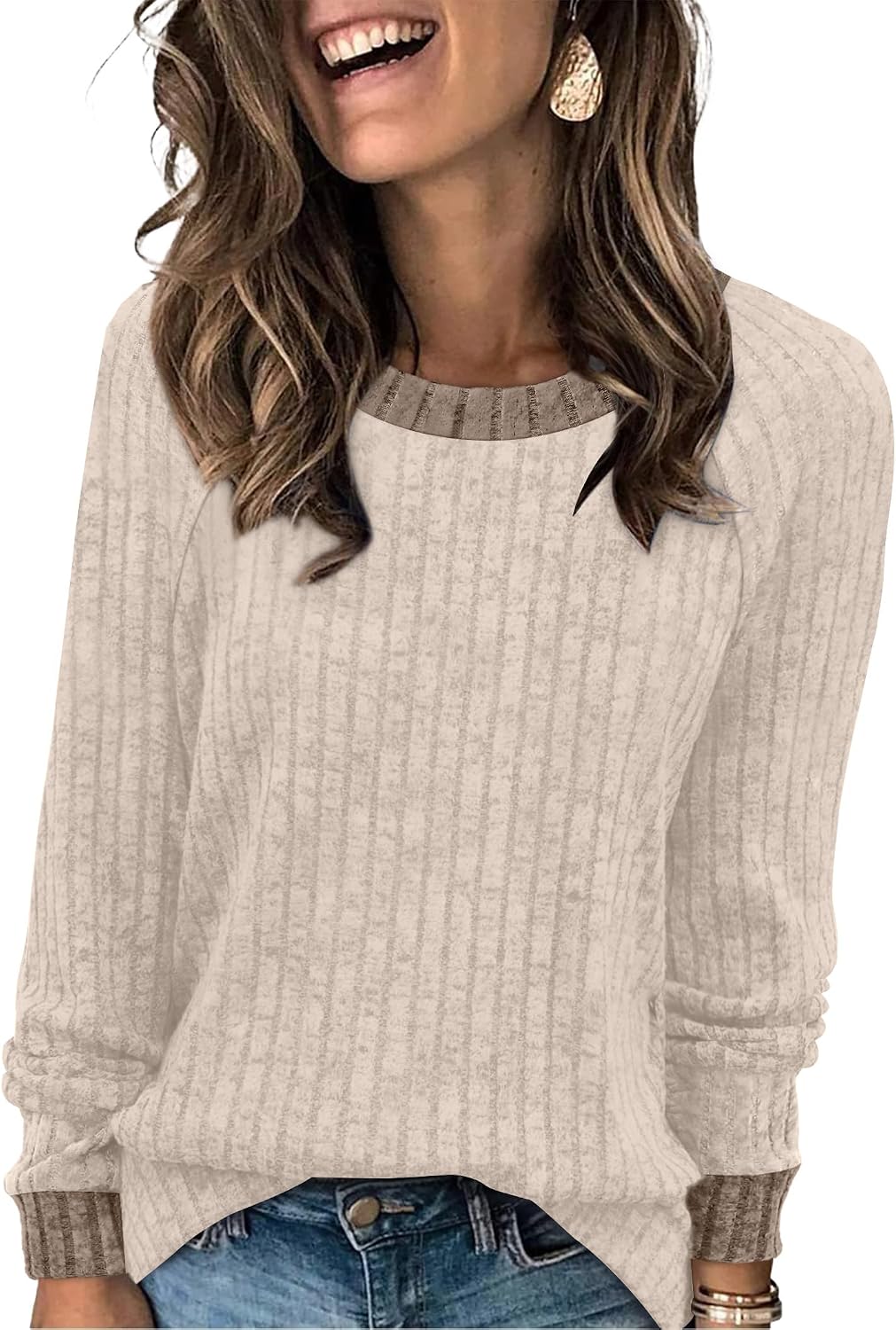 WIHOLL Long Sleeve Shirts for Women Lightweight Sweaters Fall Outfits 2026 Color Block Winter Clothing Dressy Casual Soft