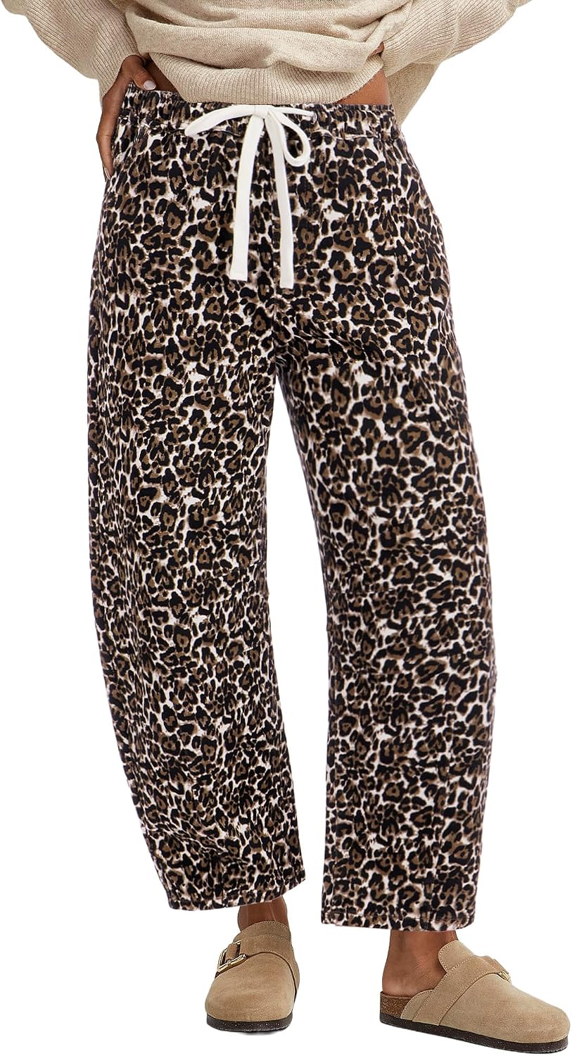 GRAPENT Barrel Jeans for Women Trendy High Waisted Pull On Wide Leg Cropped Leopard Cheetah Print Stretchy Denim Pants