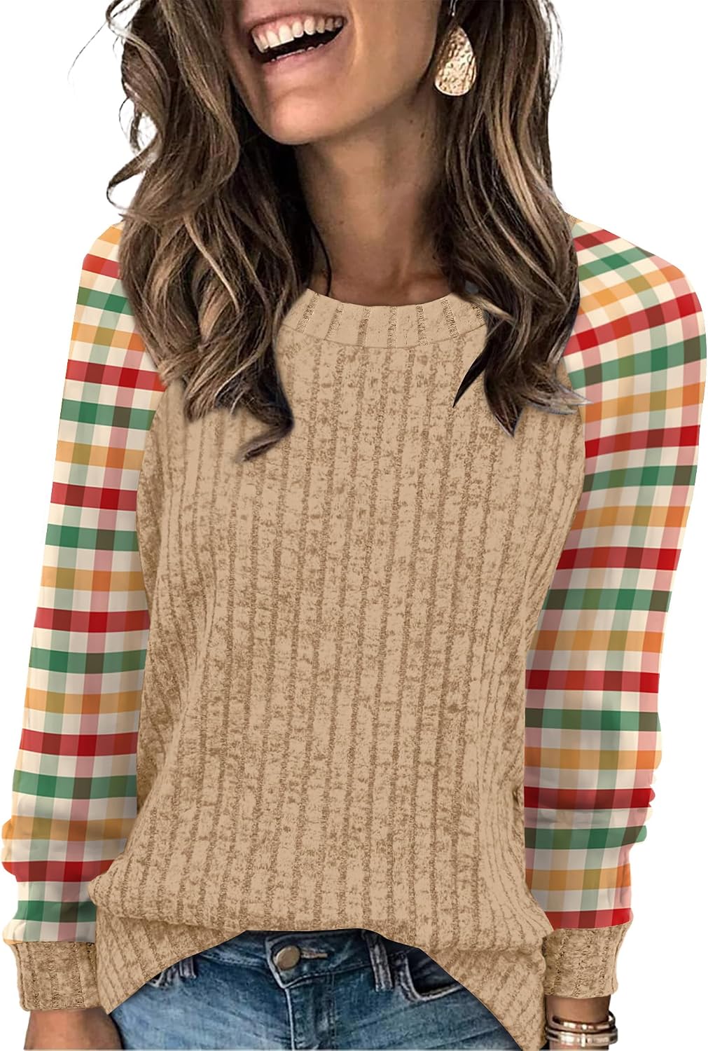 WIHOLL Long Sleeve Shirts for Women Lightweight Sweaters Fall Outfits 2026 Color Block Winter Clothing Dressy Casual Soft