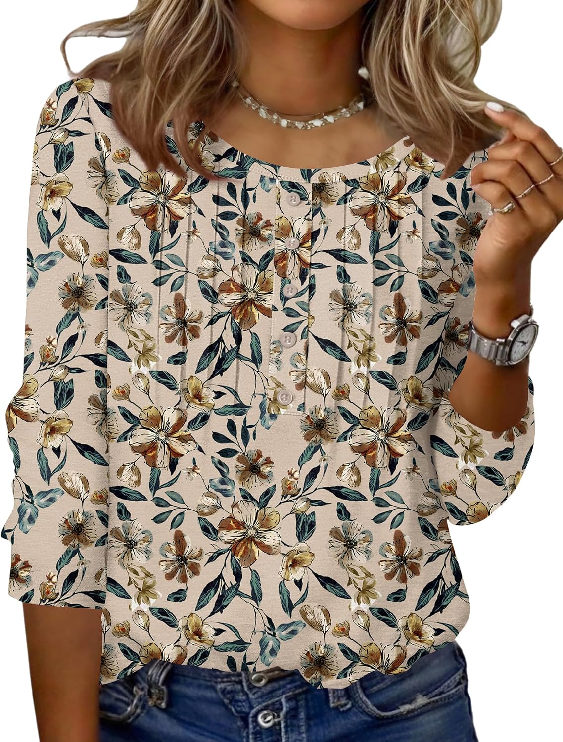 Zeagoo 3/4 Length Sleeve Womens Tops Round Neck Casual Summer Tunic Tops Basic Tees Blouses Dressy T-Shirts Pleated Shirts