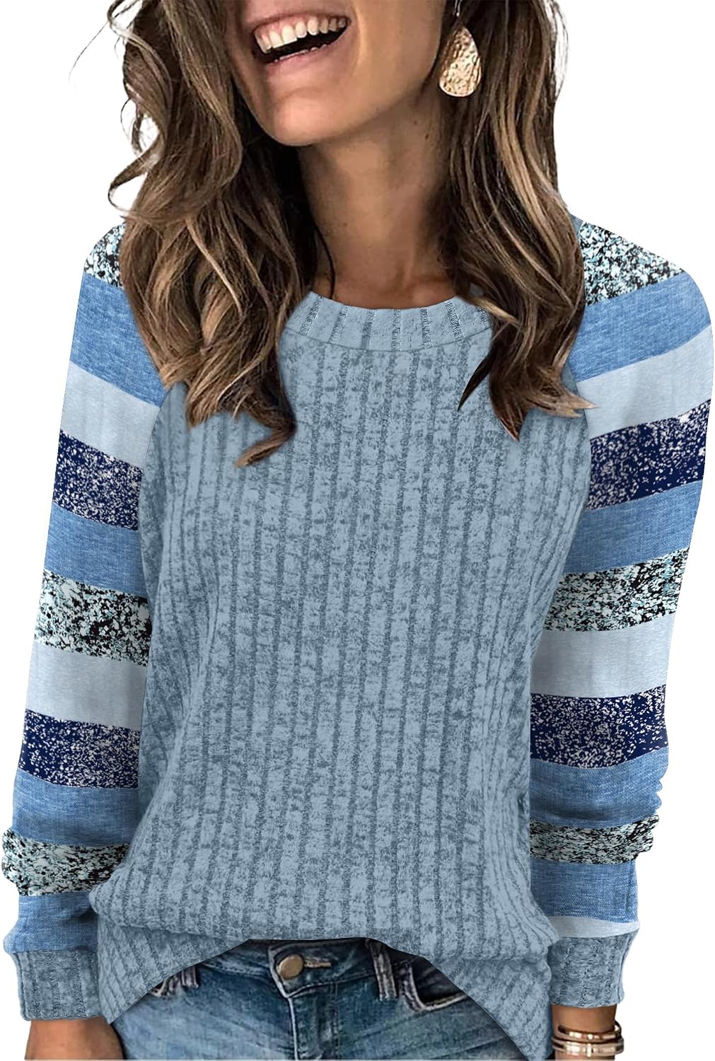 WIHOLL Long Sleeve Shirts for Women Lightweight Sweaters Fall Outfits 2026 Color Block Winter Clothing Dressy Casual Soft