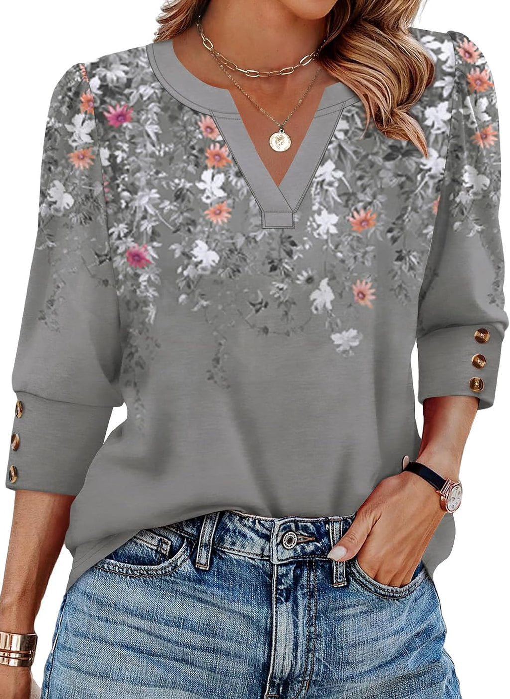 WIHOLL 3/4 Length Sleeve Womens Tops with Button Cuffs Dressy Casual V Neck Summer Outfits Early Fall Fashion Spring Clothes