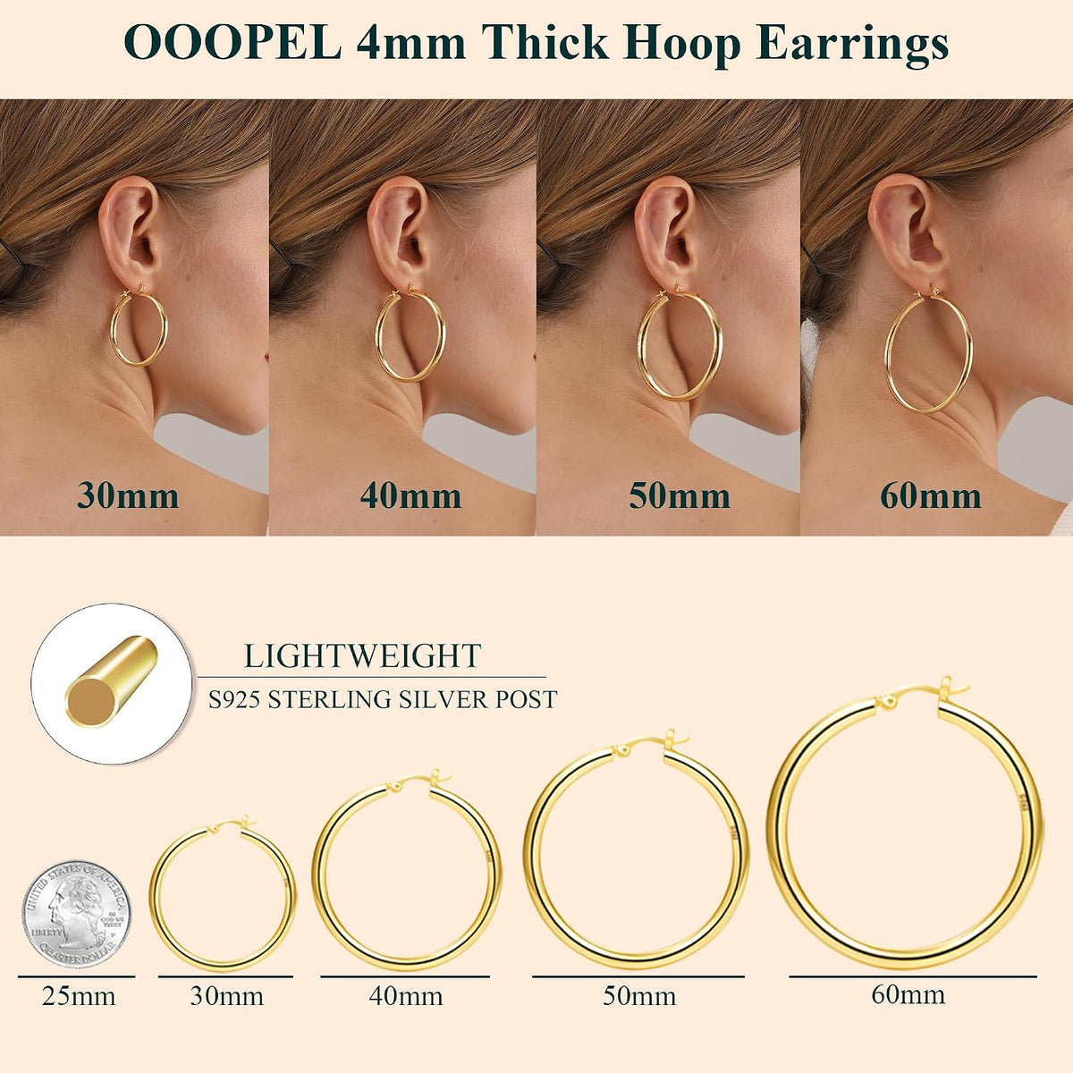 4mm Thick Gold Chunky Earrings Steling Silver Post Hoops Earrings For Women Hollow Tube Hoops Earrings Thick Gold Hoop Earrings Hypoallergenic Lightweight Gold Hoop Large Earrings 20/30/40/50/60MM