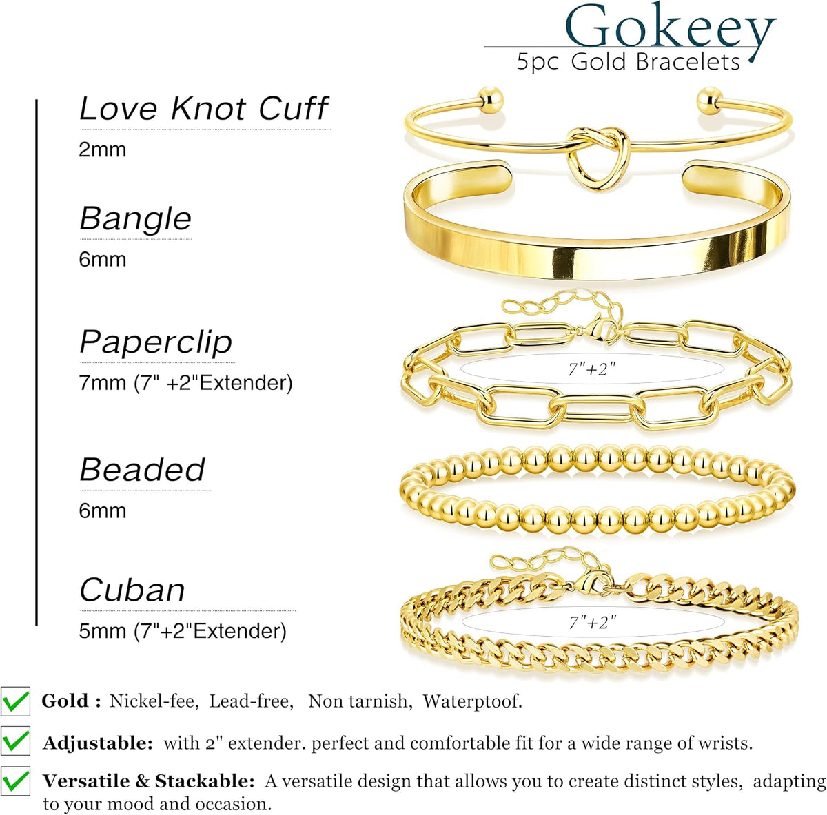 Gokeey Gold Bracelets Set for Women Non Tarnish, Waterproof 14K Gold Plated Sterling Silver Chunky Cuff Bracelet Stackable Gold Bangles Bracelet for Women Trendy Fashion Accessories Tie Knot Cuban Rope Paperclip Beaded Bracelet Stack Jewelry Mothers Day G
