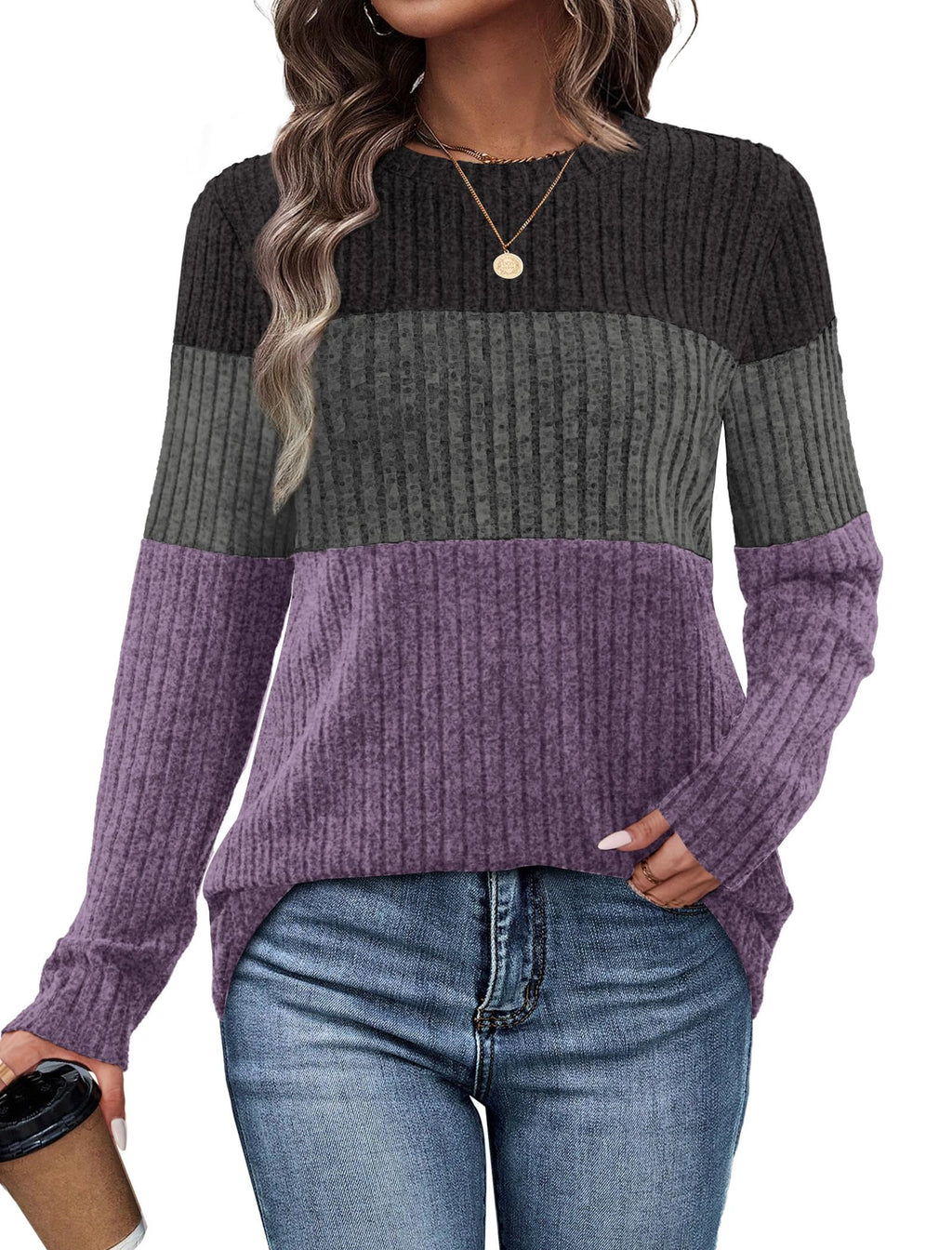 WIHOLL Womens Sweaters Trendy Color Block Tops Long Sleeve Shirts Fall Outfits Early Fall Fashion 2026 Winter Clothing