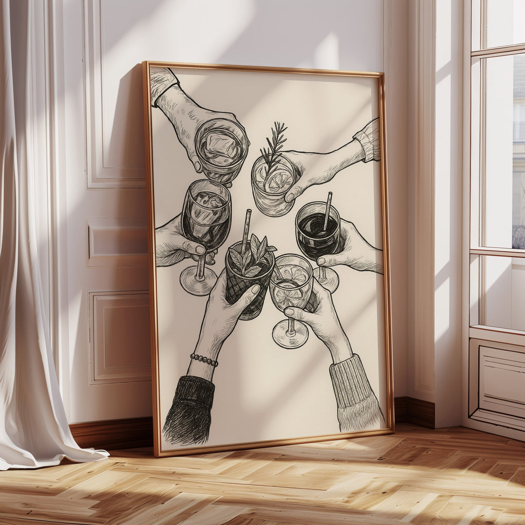 Cheers in Ink Toasting Hands Print