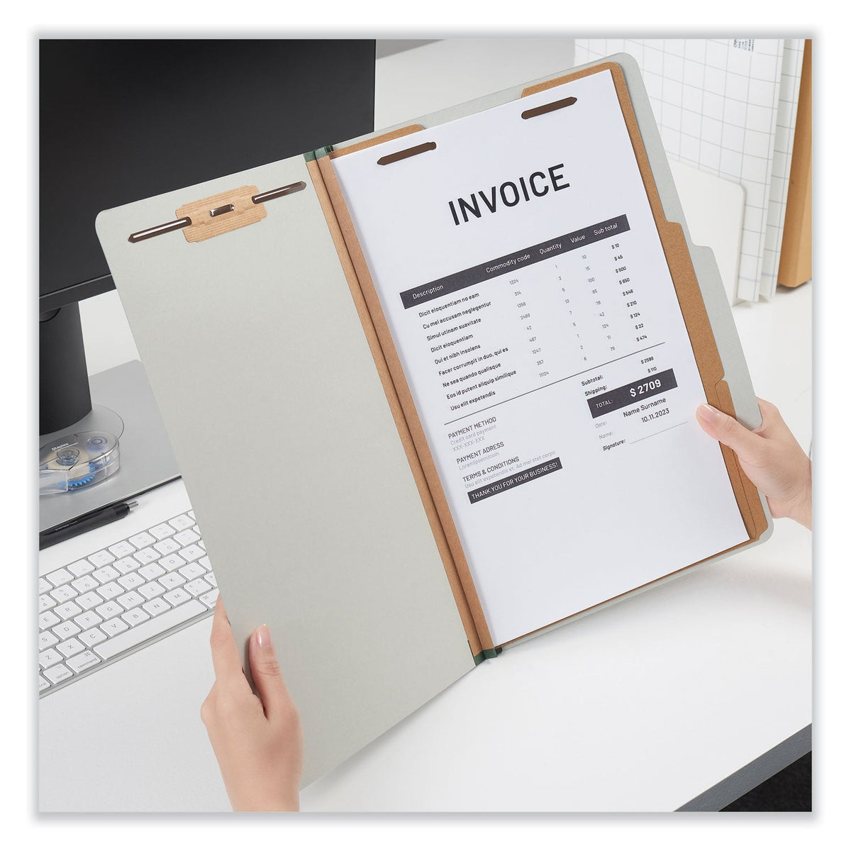 Universal Six--Section Pressboard Classification Folders, 2 Dividers, Legal Size, Gray, 10/Box
