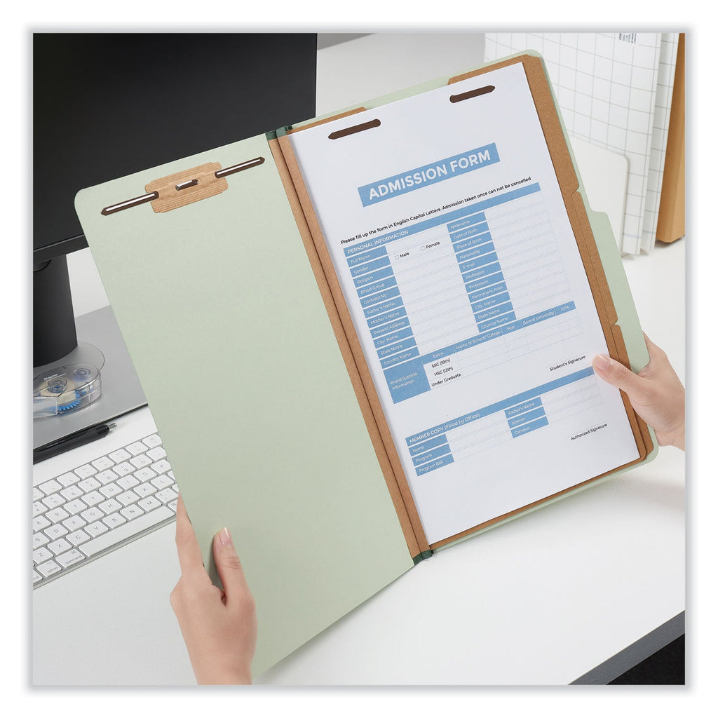 Universal Eight-Section Pressboard Classification Folders, 3 Dividers, Legal Size, Green, 10/Box