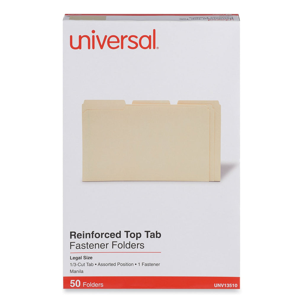 Universal Reinforced Top Tab Fastener Folders, 1 Fastener, Legal Size, Manila Exterior, 50/Box