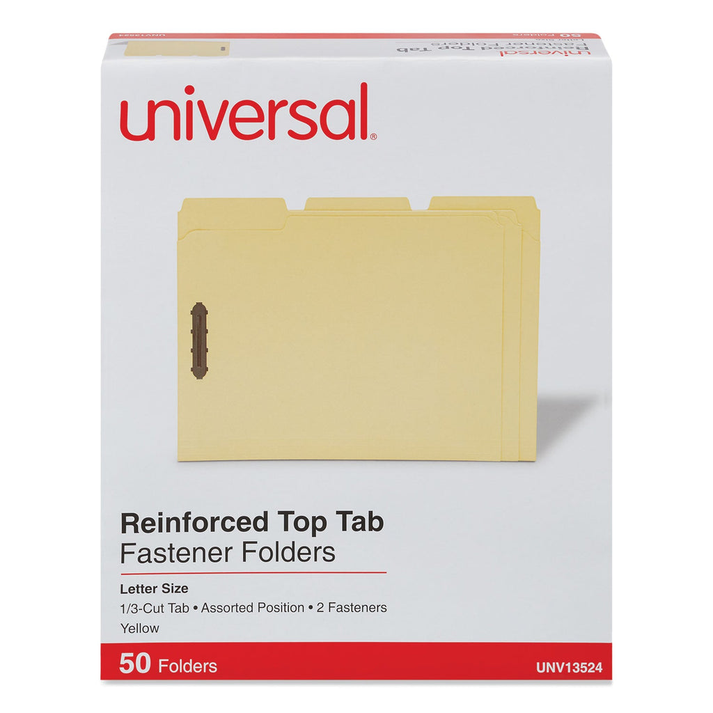 Universal Deluxe Reinforced Top Tab Fastener Folders, 2 Fasteners, Letter Size, Yellow Exterior, 50/Box