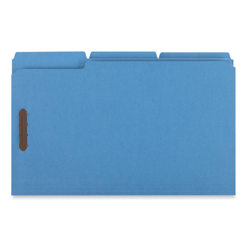 Universal Deluxe Reinforced Top Tab Fastener Folders, 2 Fasteners, Legal Size, Blue Exterior, 50/Box