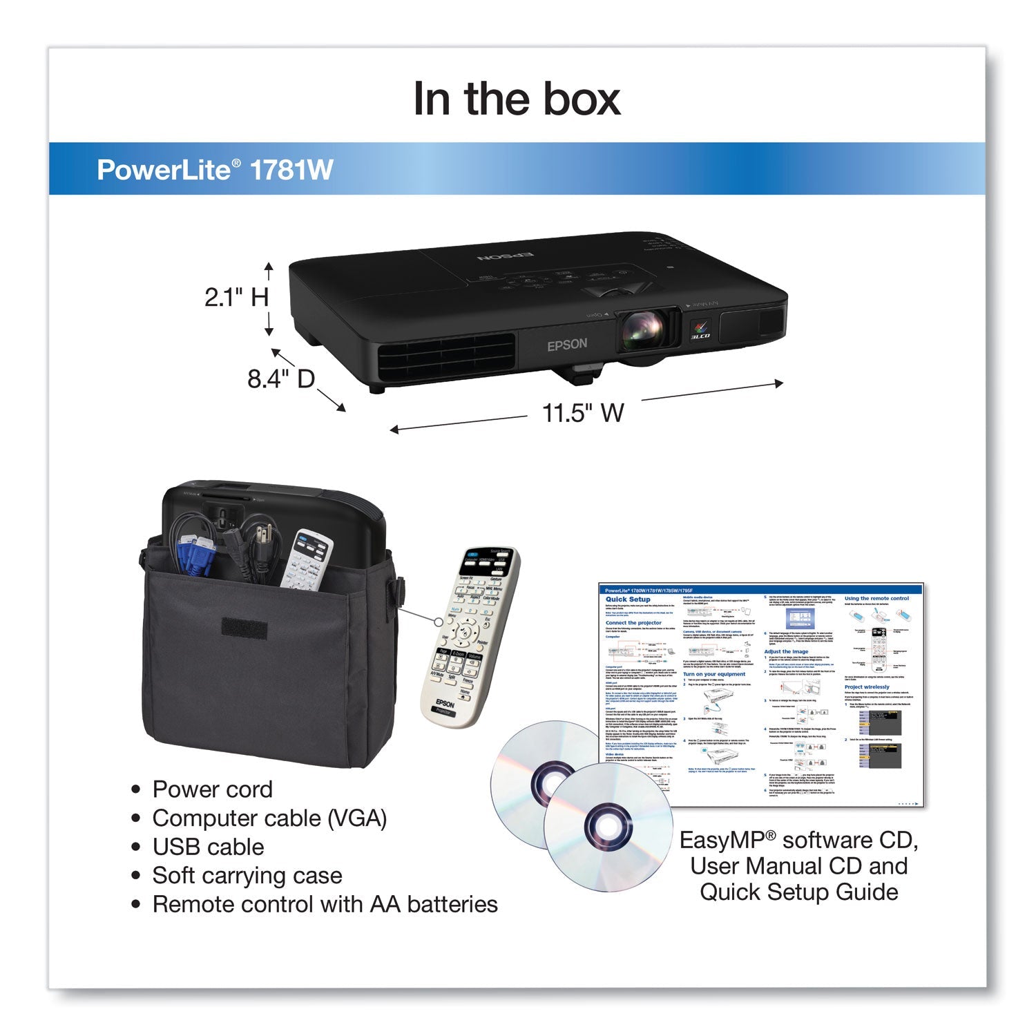 Epson PowerLite 1781W Wireless WXGA 3LCD Projector,3200 Lm,1280 x 800 Pixels,1.2x Zoon