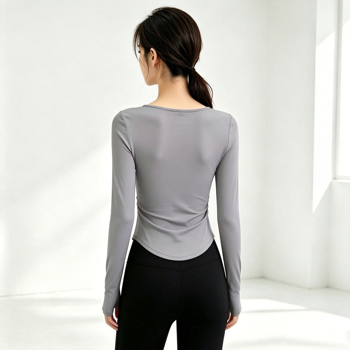 Small V-neck Pleated-waist Long-sleeve Womens Top