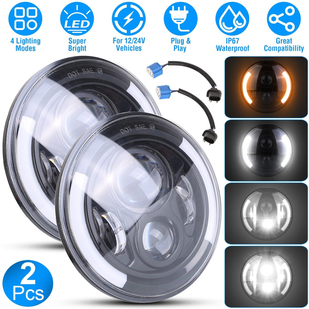 2Pcs 7In 40W Round LED Headlights 3800LM Halo Car Headlamp with DRL Turn Light High Low Beam Fit for Honda Yamaha Motorcycle Jeep Wrangler TJ JK CJ