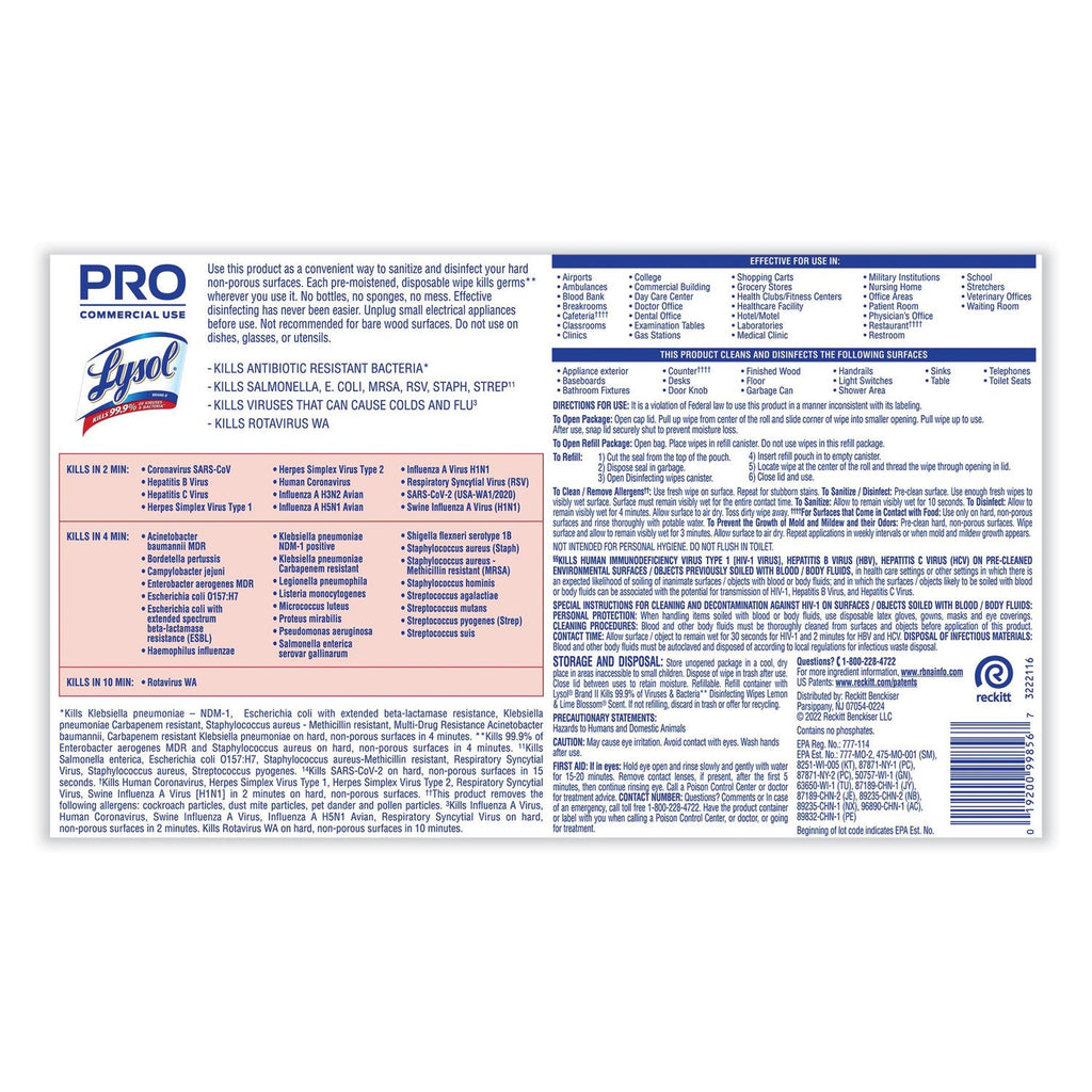LYSOL Professional Disinfecting Wipe Bucket, 6 x 8, Lemon and Lime Blossom, 800 Wipes/Bucket, 2 Buckets/Carton