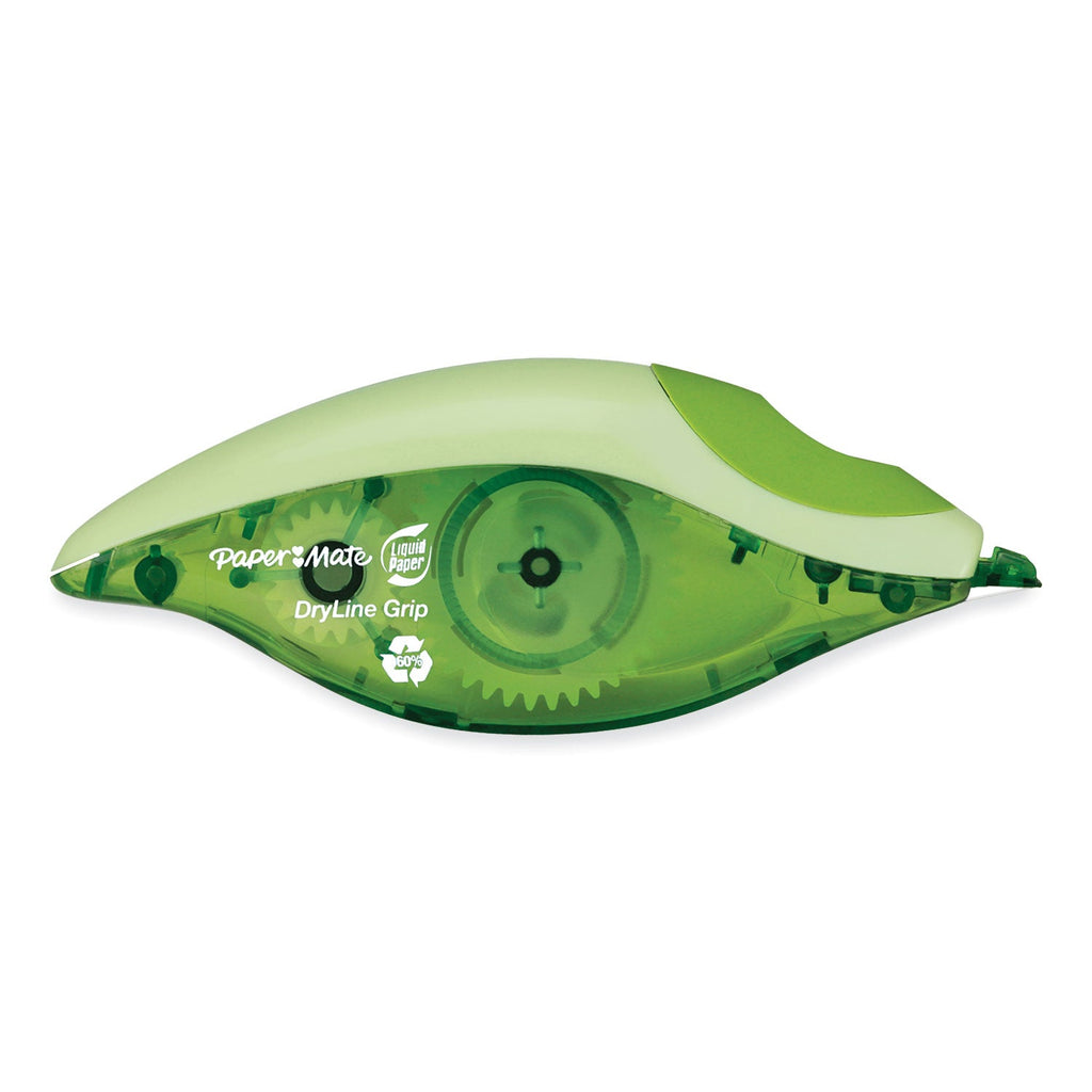Paper Mate DryLine Grip Correction Tape, Recycled Dispenser, Green/White Applicator, 0.2" x 335", 2/Pack