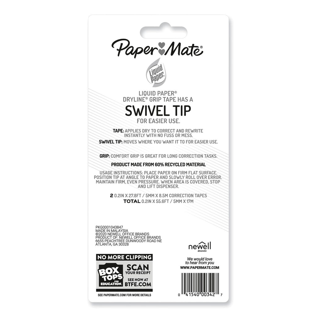 Paper Mate DryLine Grip Correction Tape, Recycled Dispenser, Green/White Applicator, 0.2" x 335", 2/Pack