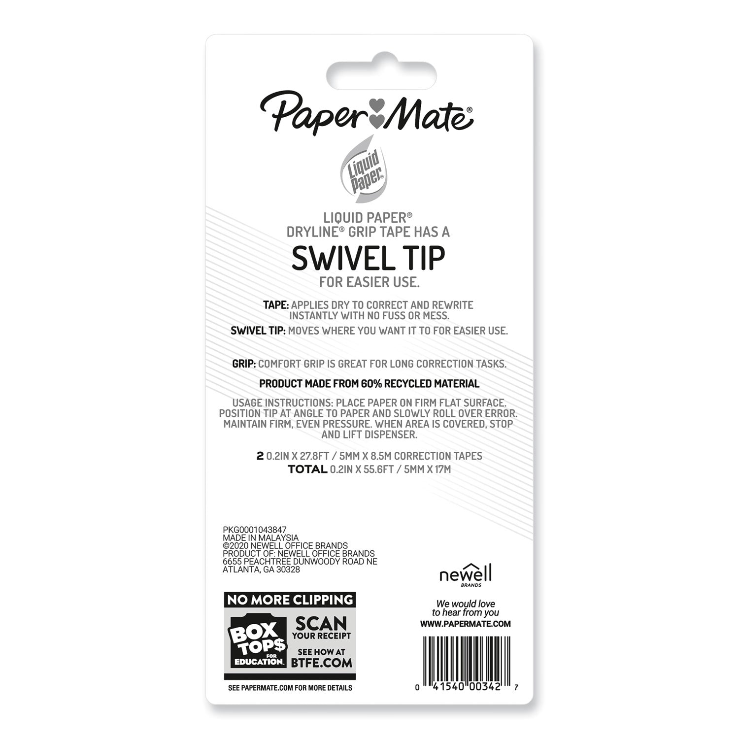 Paper Mate DryLine Grip Correction Tape, Recycled Dispenser, Green/White Applicator, 0.2" x 335", 2/Pack