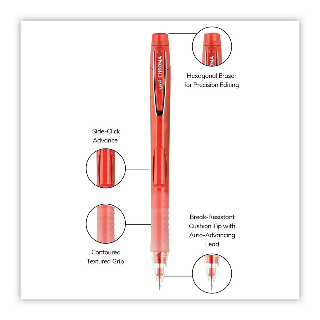 uniball Chroma Mechanical Pencil, 0.7 mm, HB (#2), Black Lead, Red Barrel, Dozen