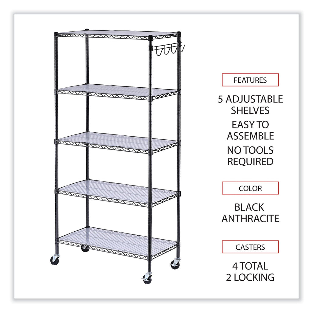 Alera 5-Shelf Wire Shelving Kit with Casters and Shelf Liners, 36w x 18d x 72h, Black Anthracite