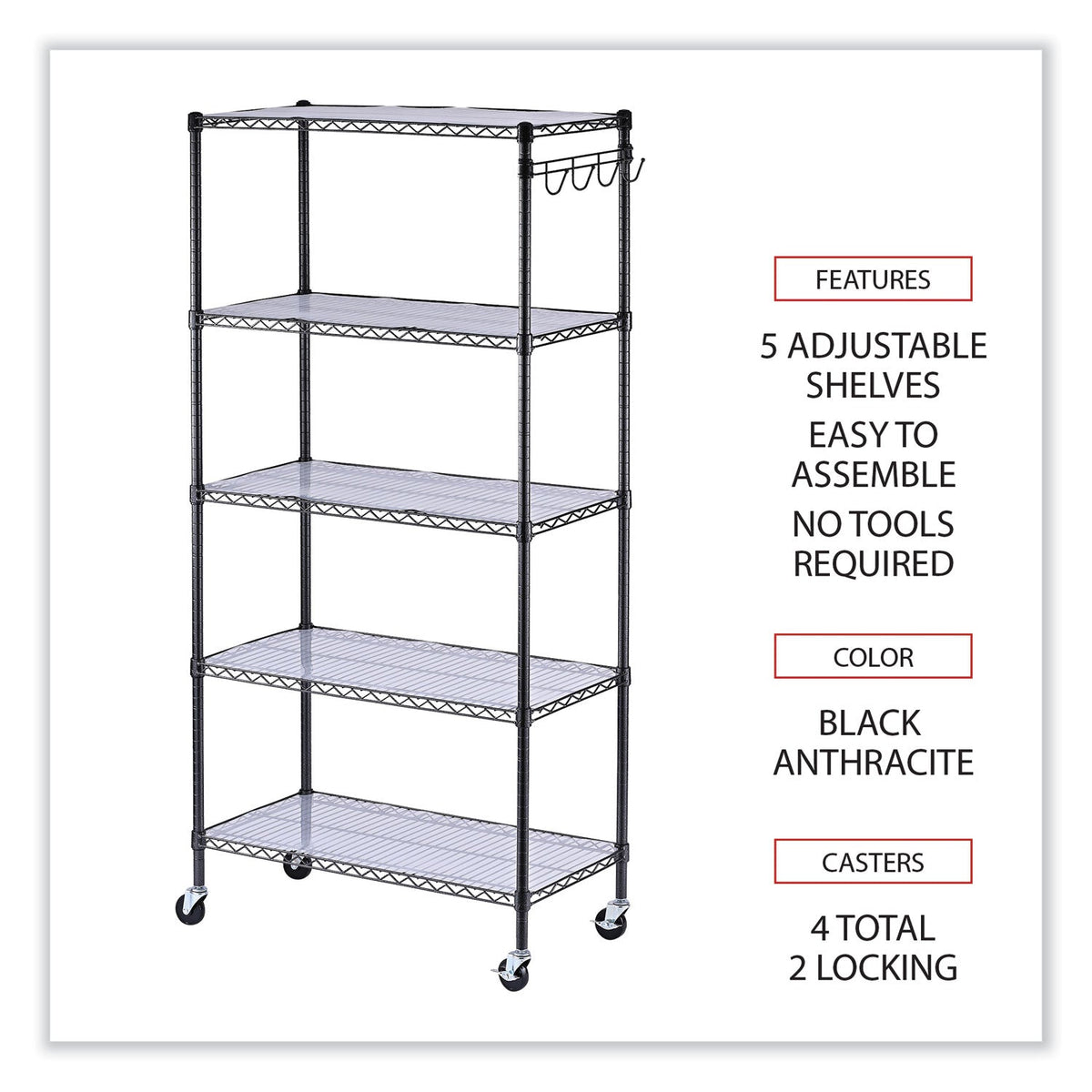 Alera 5-Shelf Wire Shelving Kit with Casters and Shelf Liners, 36w x 18d x 72h, Black Anthracite