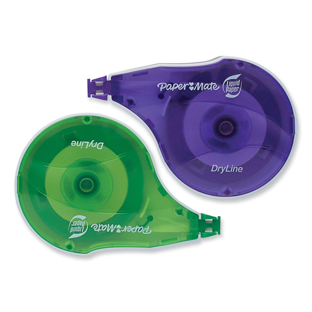 Paper Mate DryLine Correction Tape, Non-Refillable, Green/Purple Applicators, 0.17" x 472", 2/Pack