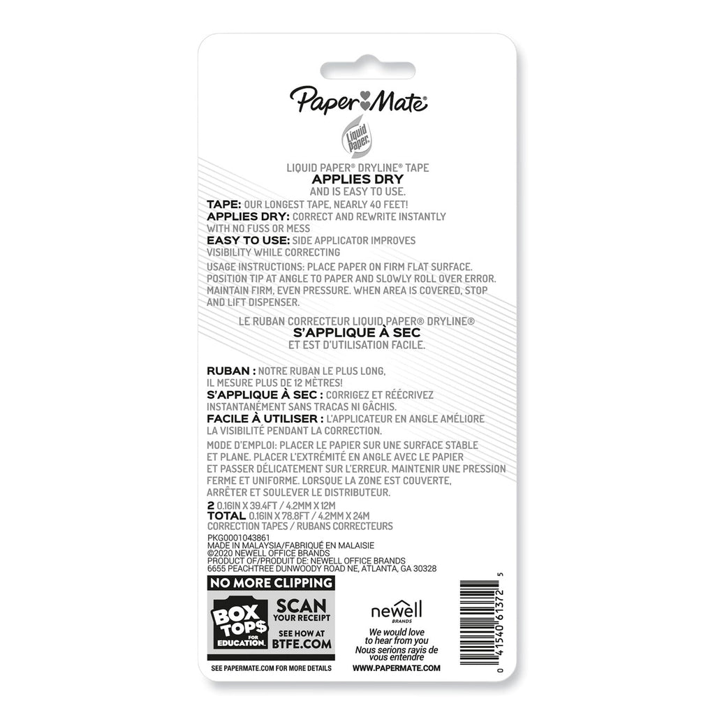 Paper Mate DryLine Correction Tape, Non-Refillable, Green/Purple Applicators, 0.17" x 472", 2/Pack