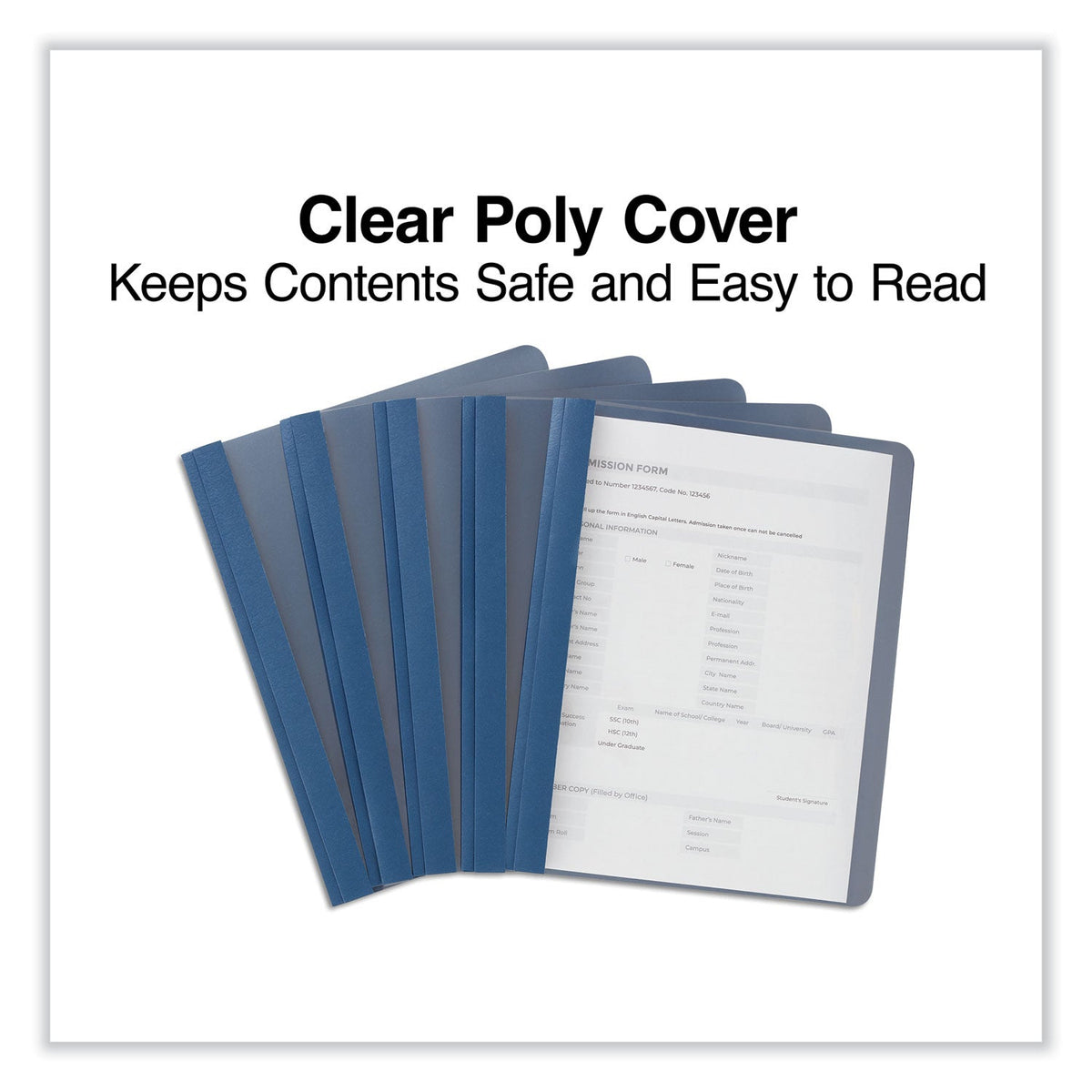 Universal Clear Front Report Covers with Fasteners, Three-Prong Fastener, 0.5" Capacity,  8.5 x 11, Clear/Dark Blue, 25/Box