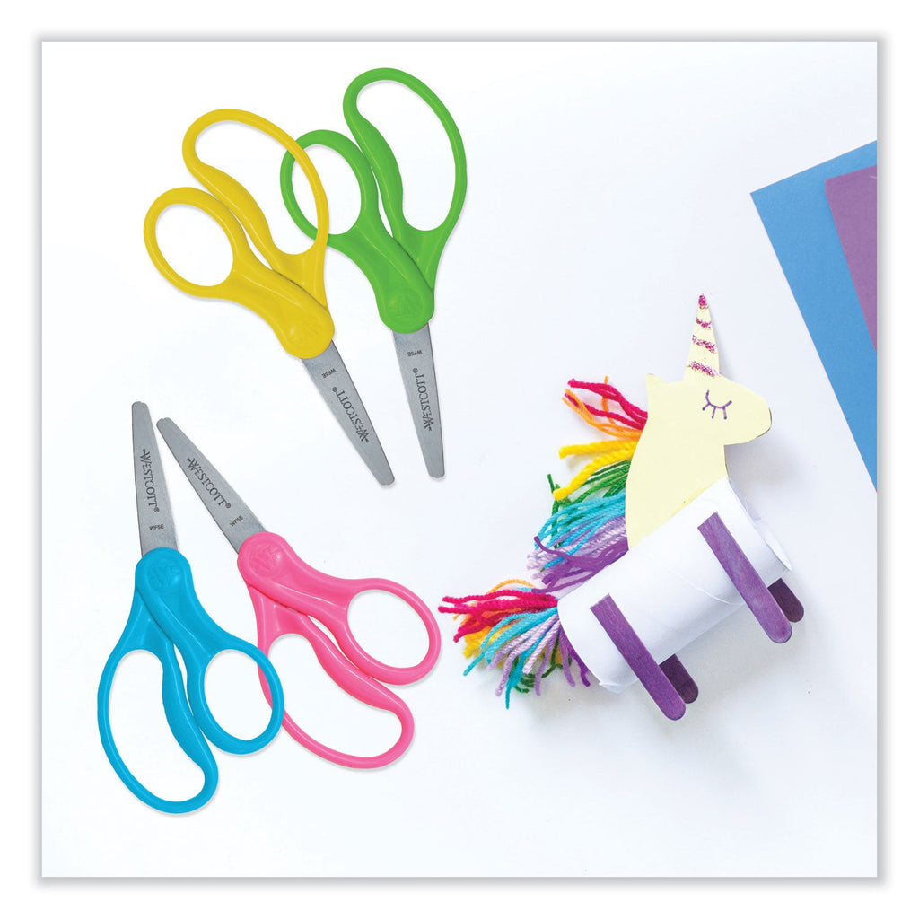 Westcott For Kids Scissors, Pointed Tip, 5" Long, 1.75" Cut Length, Assorted Straight Handles, 12/Pack