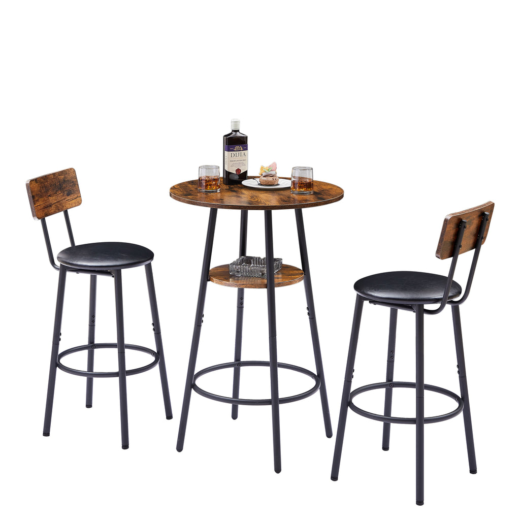 Round bar stool set with shelf upholstered stool with backrest Rustic Brown 23.62'' W x 23.62'' D x 35.43'' H