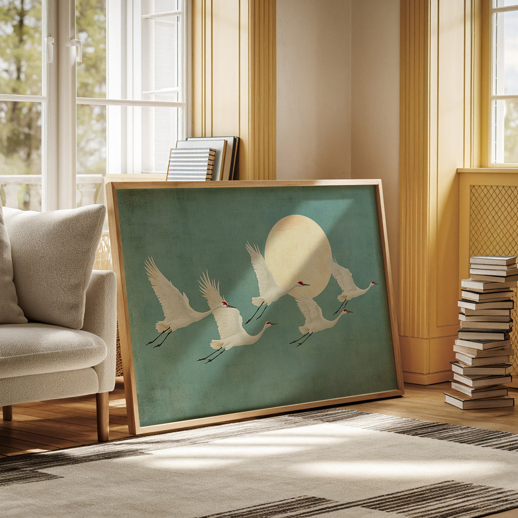 Japanese Crane Wall Art – Minimalist Blue & Gold Crane Print