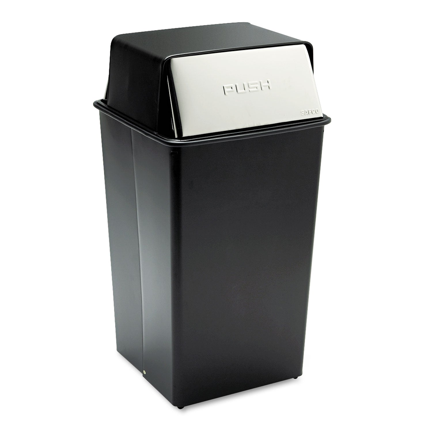 Safco Reflections Push Top Square Receptacle, Steel, 36 gal, Black/Chrome