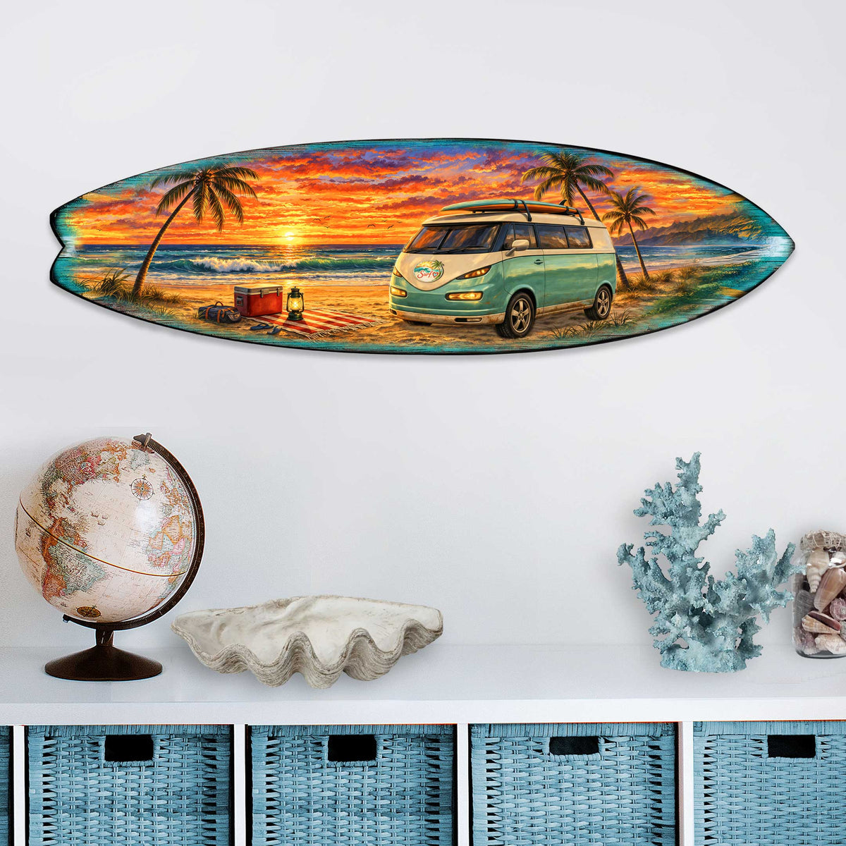 Sunset Beach Camper Surfboard Wall Art – Handcrafted Coastal Decor by G.DeBrekht – Beach House Accent for Indoor & Outdoor – 8490165HS