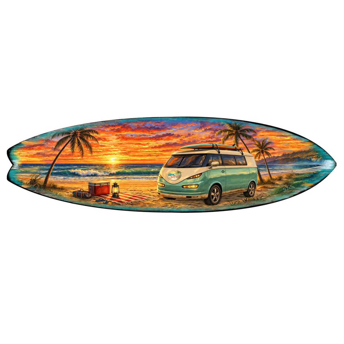 Sunset Beach Camper Surfboard Wall Art – Handcrafted Coastal Decor by G.DeBrekht – Beach House Accent for Indoor & Outdoor – 8490165HS