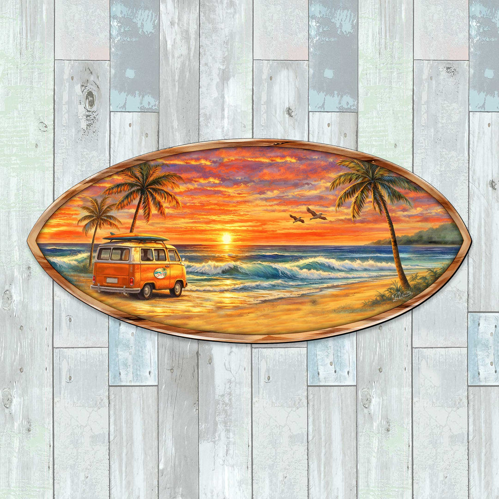 Sunset Beach Van Surfboard Wall Art – Handcrafted Coastal Wooden Decor by G.DeBrekht – Beach House Ocean Decor – 8490166HS