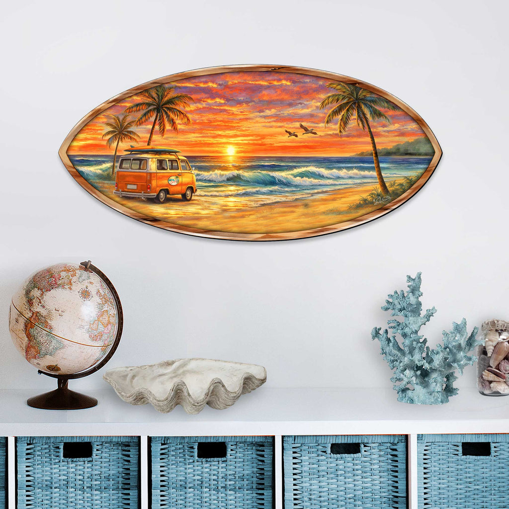 Sunset Beach Van Surfboard Wall Art – Handcrafted Coastal Wooden Decor by G.DeBrekht – Beach House Ocean Decor – 8490166HS