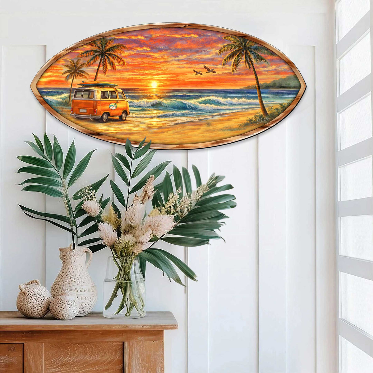Sunset Beach Van Surfboard Wall Art – Handcrafted Coastal Wooden Decor by G.DeBrekht – Beach House Ocean Decor – 8490166HS